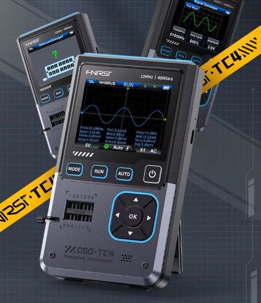 FNIRSI DSO-TC4 3-in-1 digital oscilloscope and transistor tester showcasing waveform display.