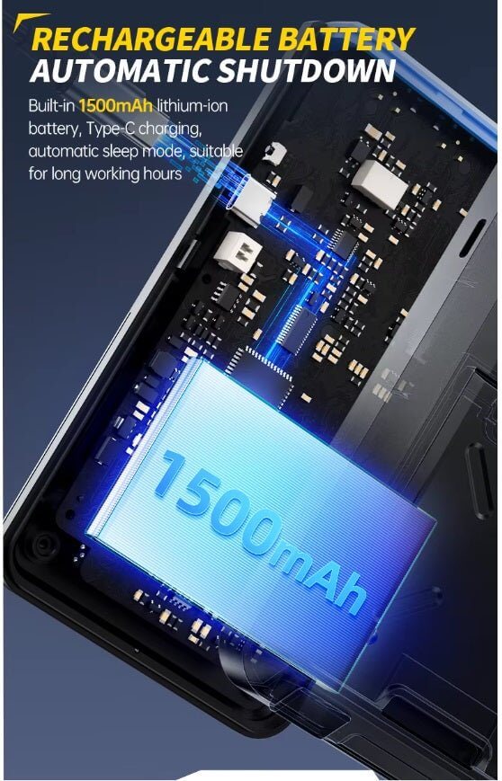 Rechargeable 1500mAh battery in FNIRSI DSO-TC4 with automatic shutdown feature for extended use.