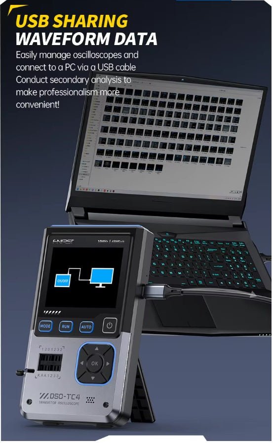 FNIRSI DSO-TC4 oscilloscope with USB connection to PC, showcasing data management features.