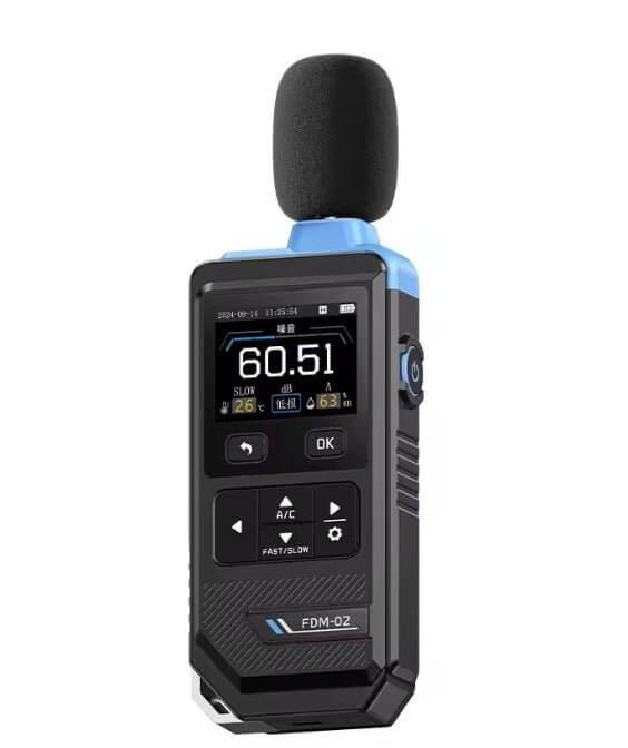 FNIRSI FDM-02 Digital Sound Level Meter displaying noise levels, ideal for monitoring sound, temperature, and humidity.