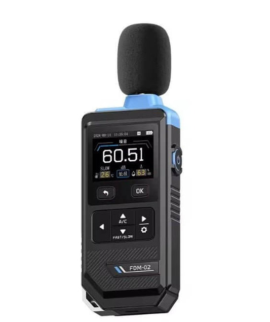 FNIRSI FDM-02 Digital Sound Level Meter displaying noise levels, ideal for monitoring sound, temperature, and humidity.
