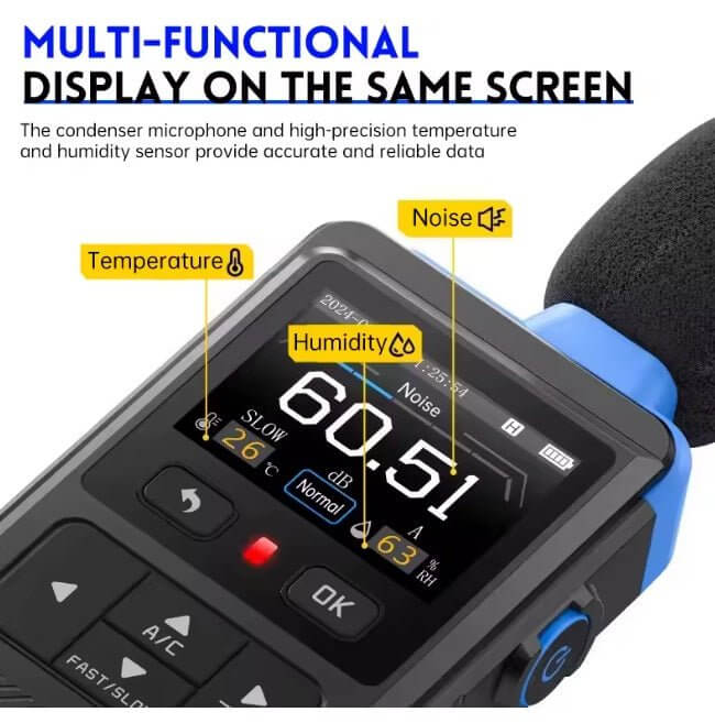 Close-up of FNIRSI FDM-02 digital sound level meter showing temperature, humidity, and noise levels on the multi-functional display.