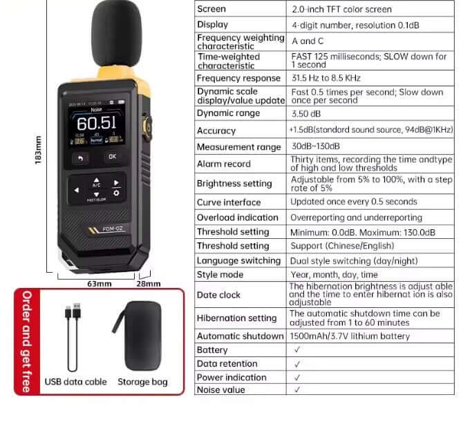 FNIRSI FDM-02 Digital Sound Level Meter features highlighted, with specs for accurate noise level measurements and display.