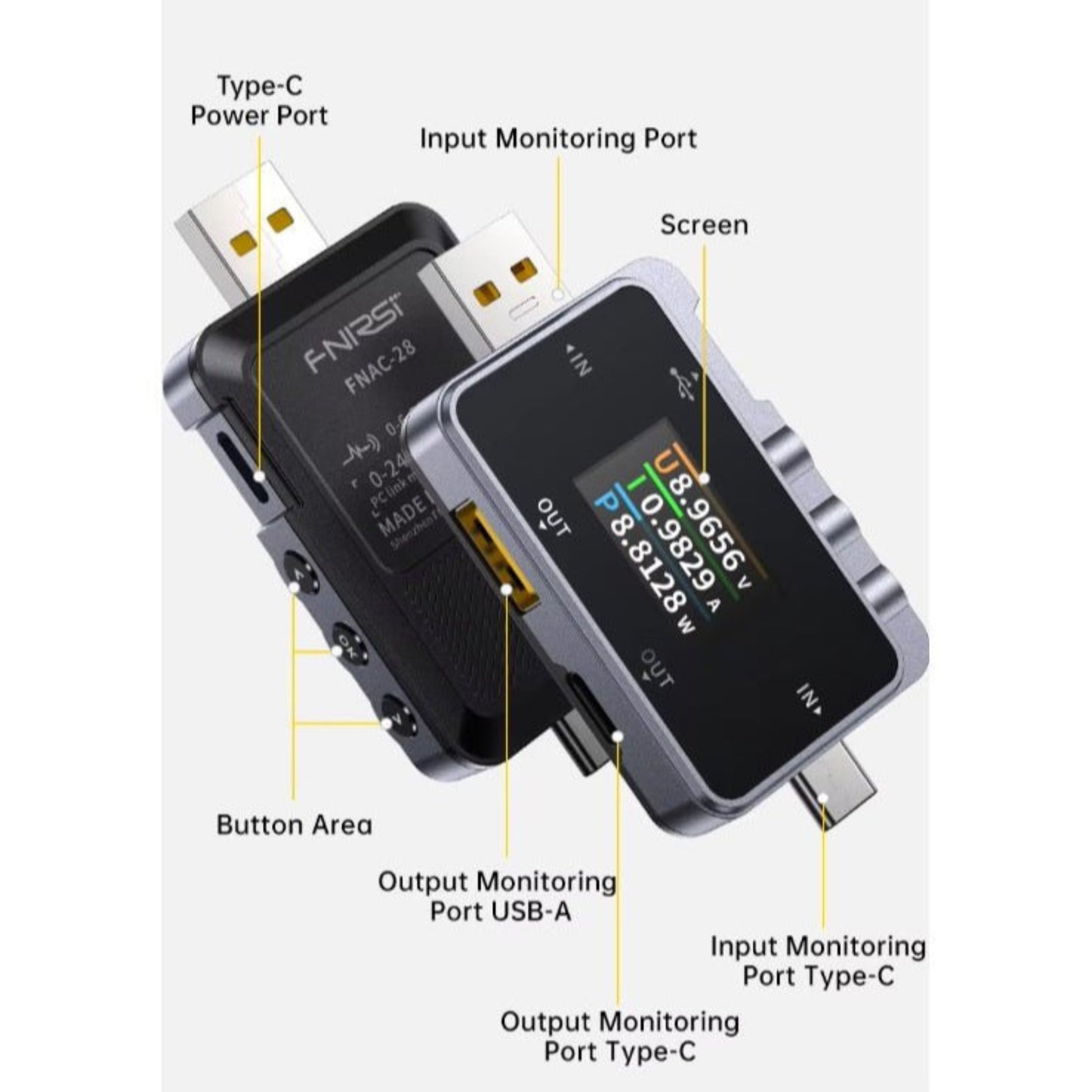 FNIRSI FNAC-28 USB-C and USB-A power tester with monitoring ports and screen for device testing.
