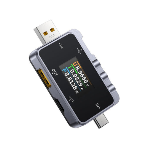 FNIRSI FNAC-28 Multi-Function USB Tester showing digital readouts for voltage, current, and power.