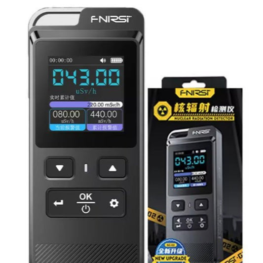 FNIRSI GC-02 Portable Nuclear Radiation Detector and Geiger Counter with display and USB cable.