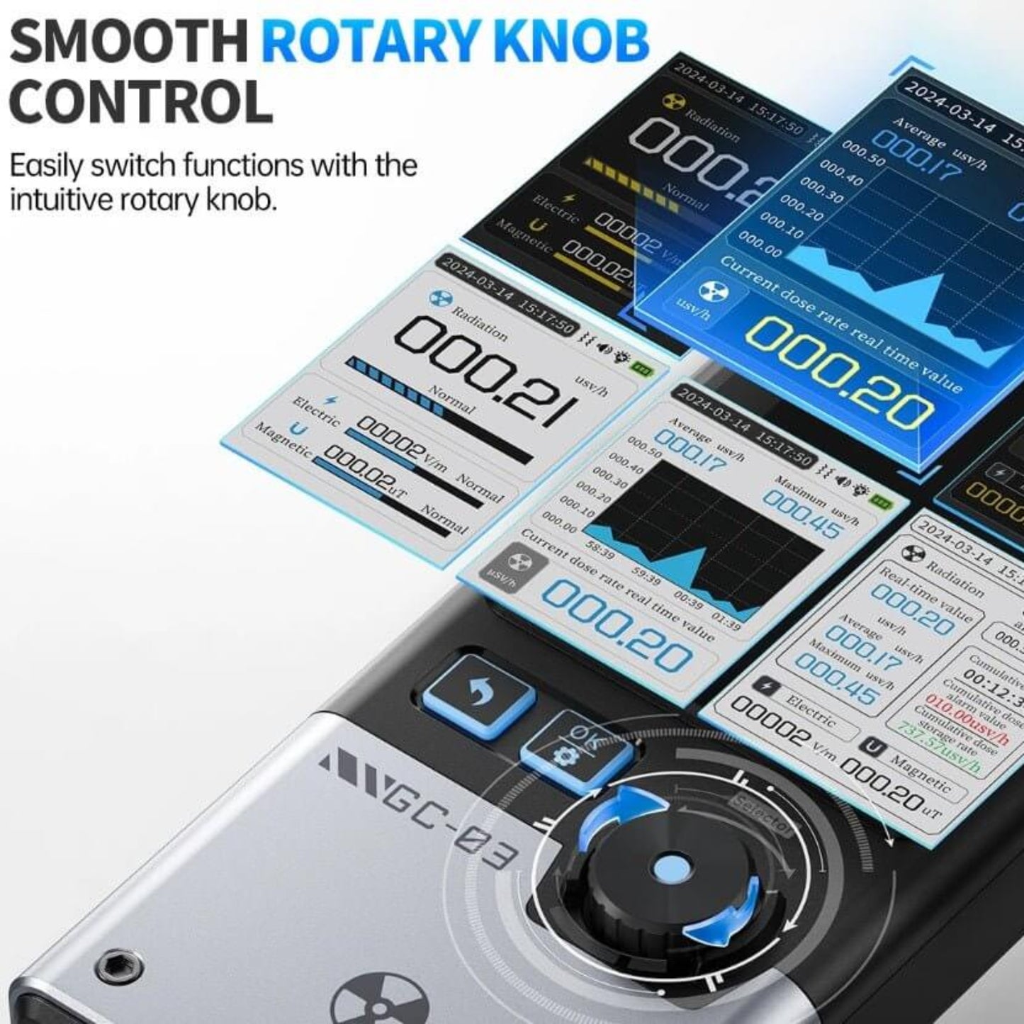 FNIRSI GC-03 Geiger Counter showing smooth rotary knob control and digital display options for easier function switching.