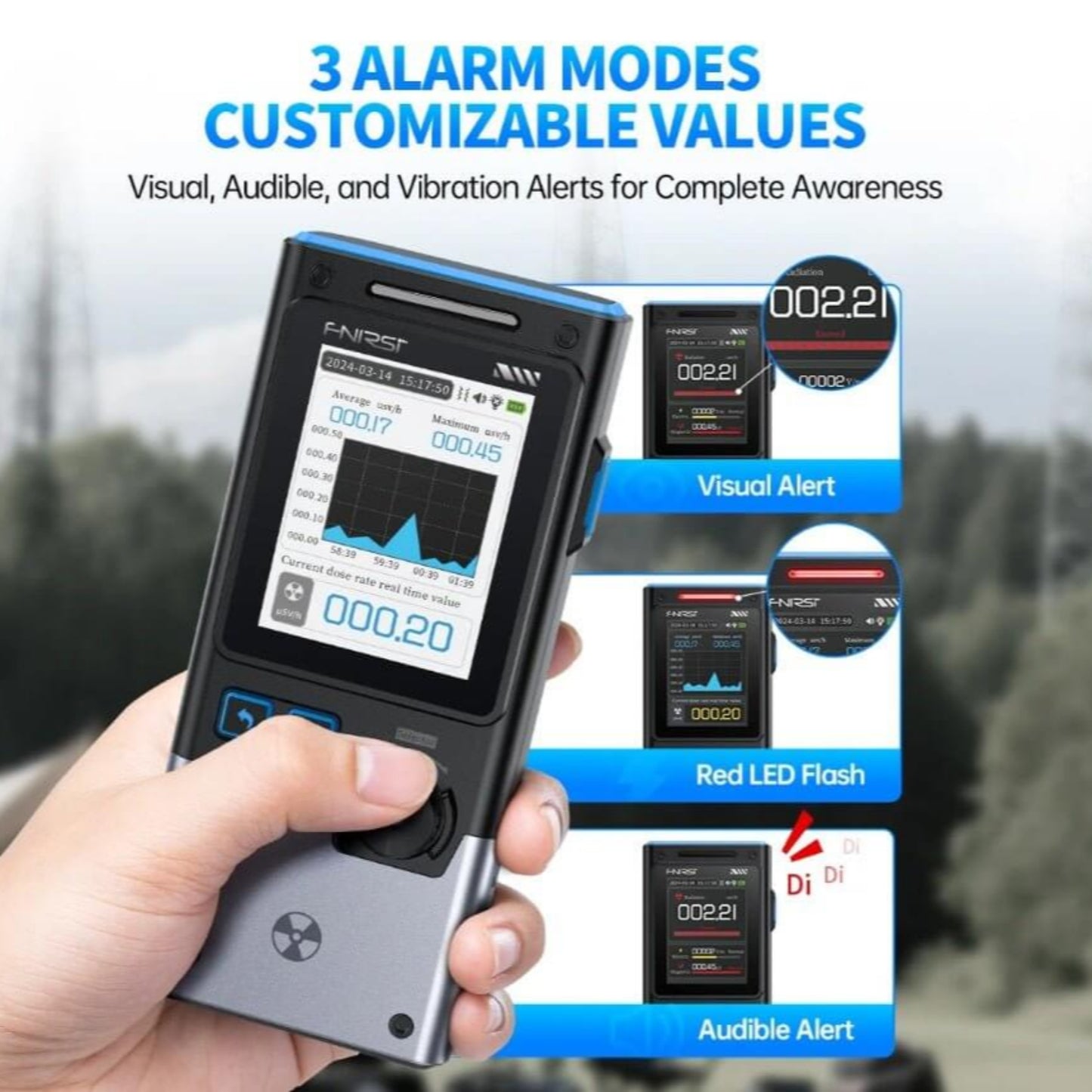 FNIRSI GC-03 Geiger counter showing 3 customizable alarm modes for radiation detection and safety awareness.