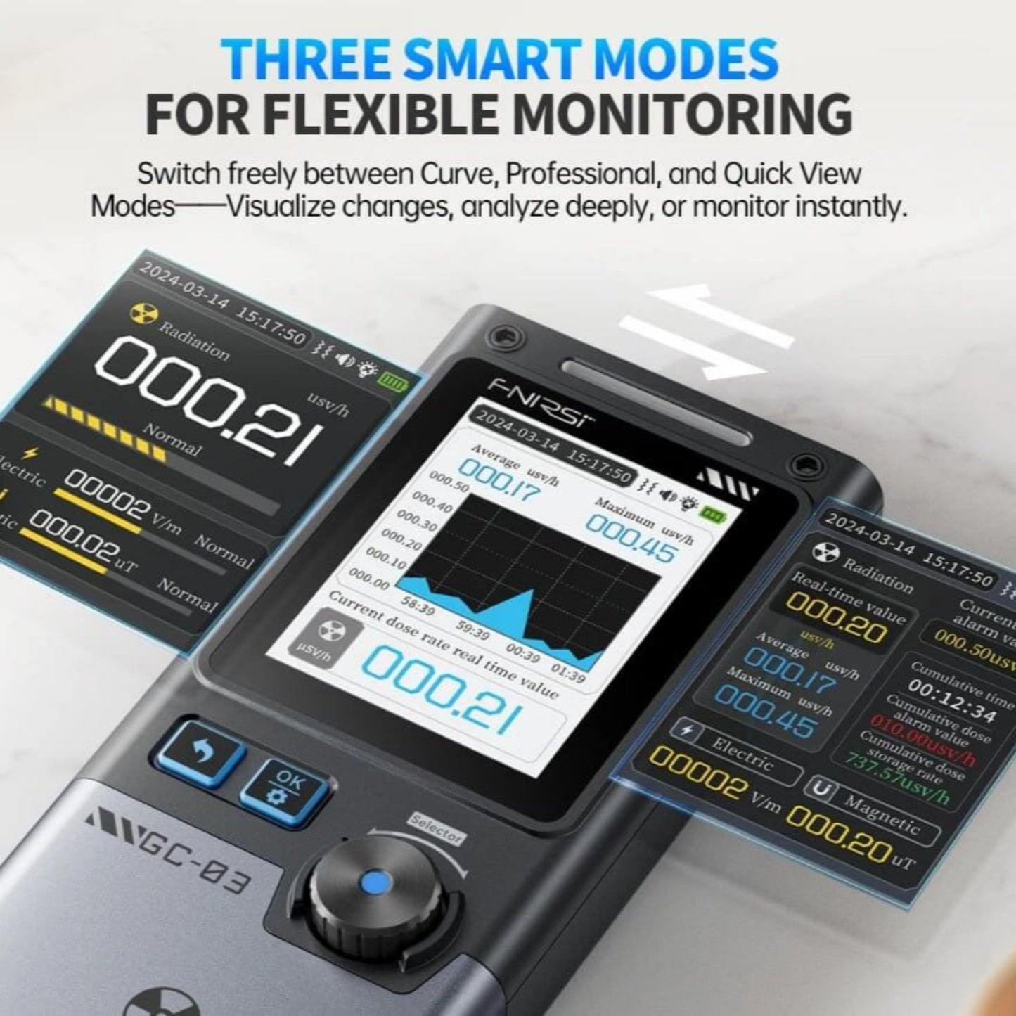 FNIRSI GC-03 showing three smart modes for flexible monitoring of radiation levels.
