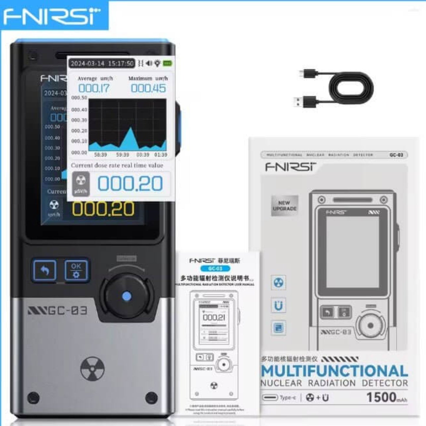 FNIRSI GC-03 3-in-1 Geiger Counter and EMF Detector with display and packaging, ensuring radiation safety.
