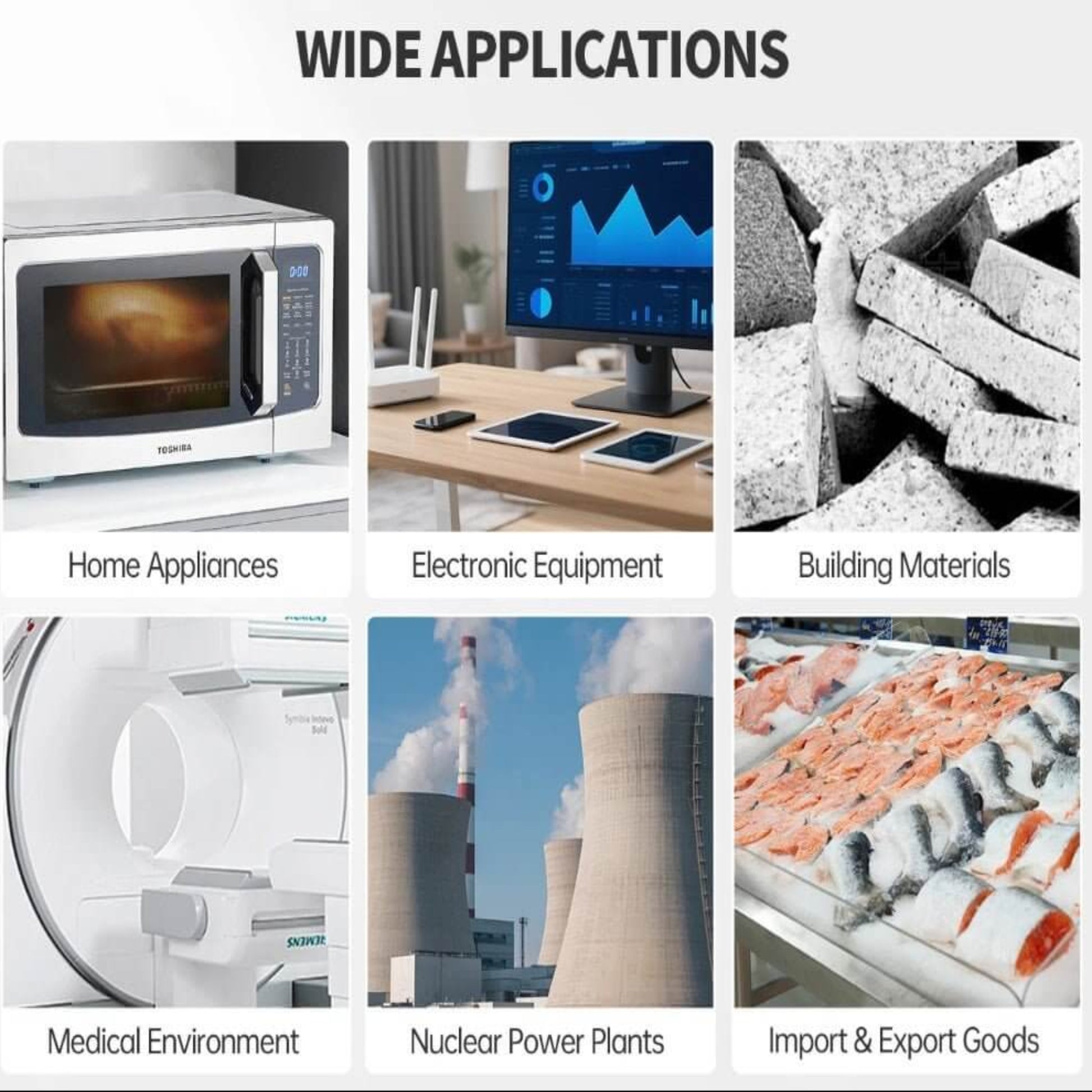 Wide applications of FNIRSI GC-03 Geiger Counter: home appliances, electronic equipment, building materials, medical, nuclear plants, imports.