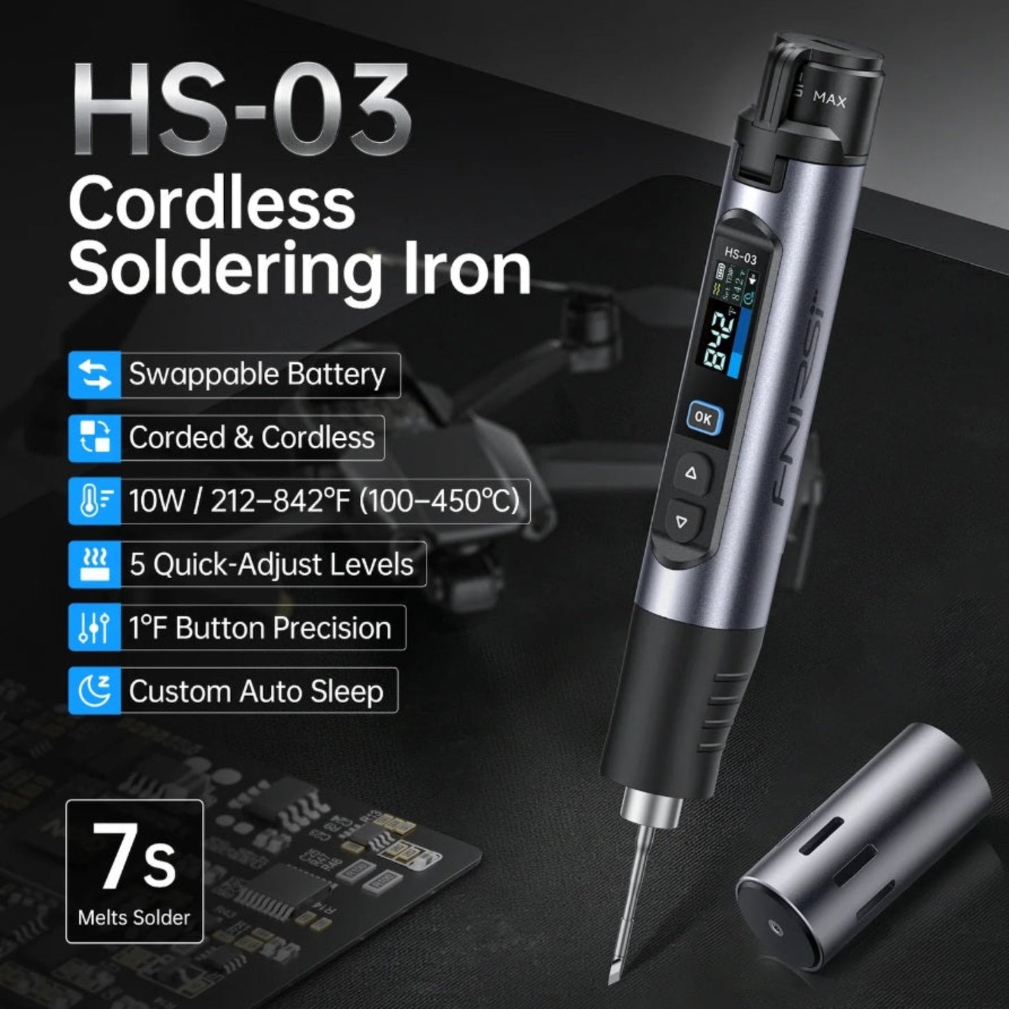 HS-03 cordless soldering iron with features listed on a dark background