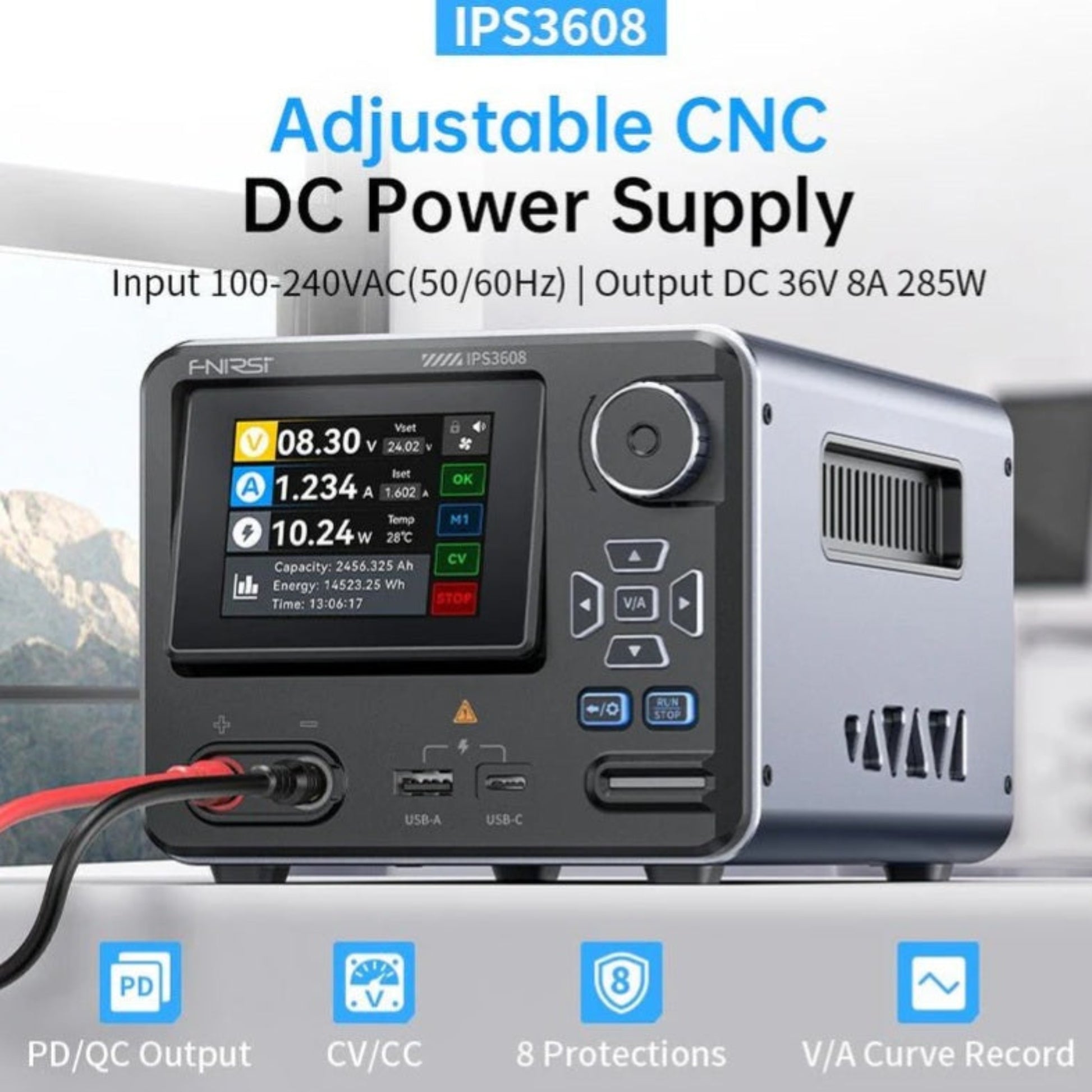 FNIRSI IPS3608 提供 36V 8A 及 285W 強勁輸出，適合各種電子維修測試。