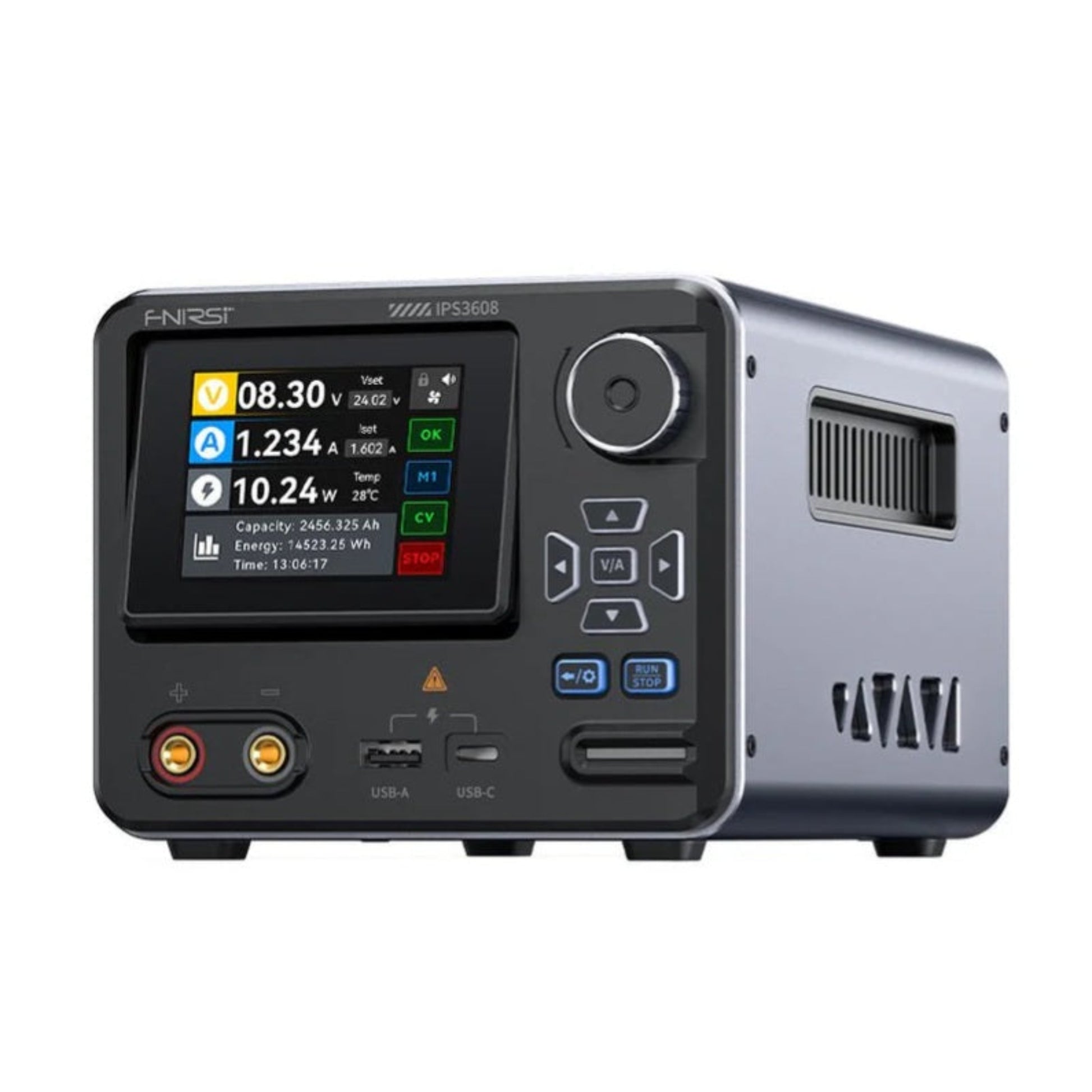 FNIRSI IPS3608 數控直流電源供應器正面，配備 2.8 吋全彩熒幕。