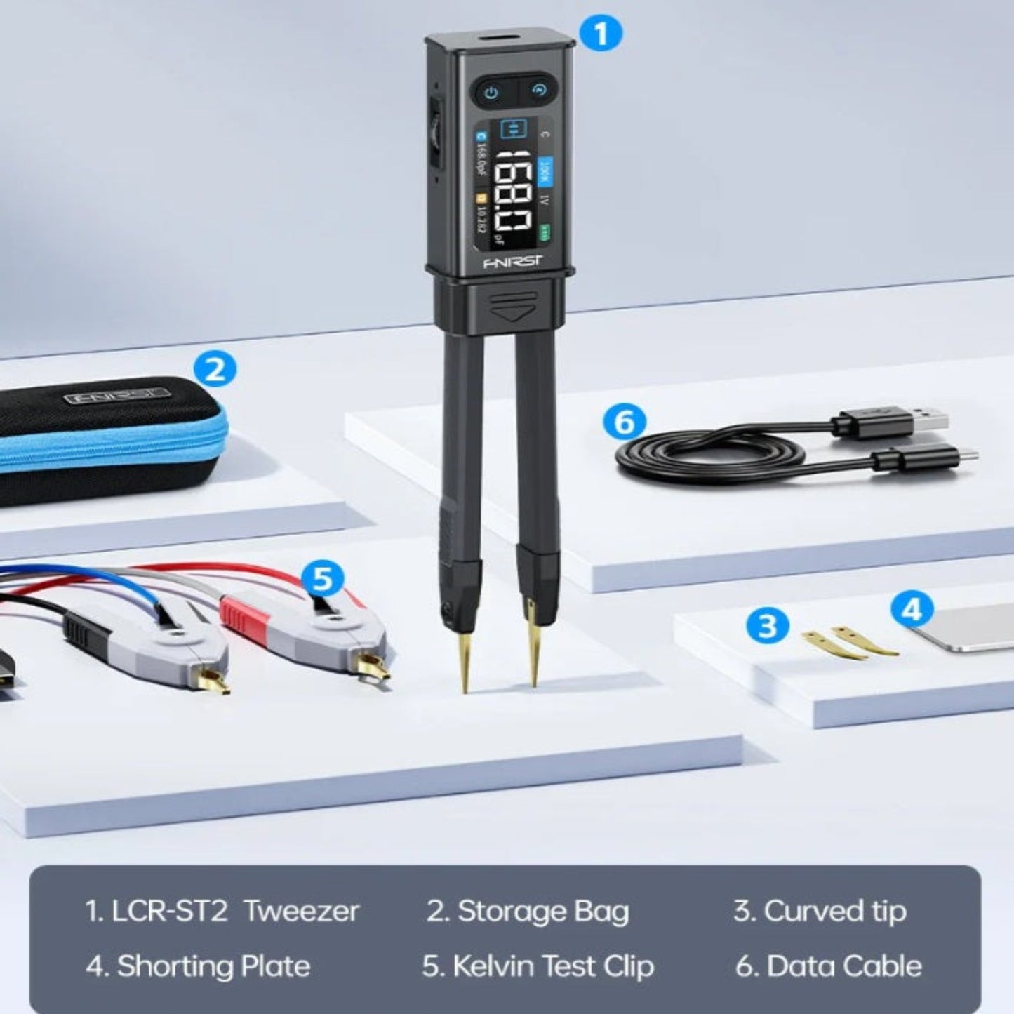 Package contents including LCR-ST2 Tweezer, Shorting Plate, and Data Cable.