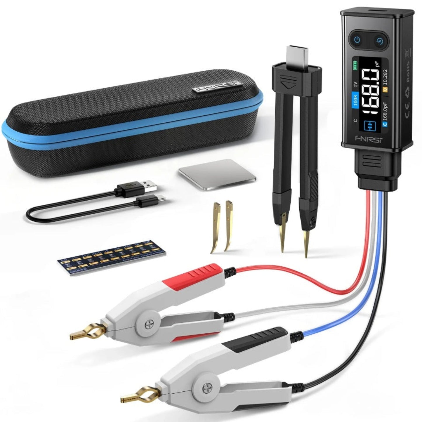 FNIRSI LCR-ST2 Smart Tweezer full kit with Kelvin clips, storage bag, and curved tips.