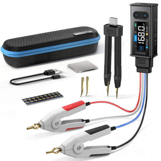 FNIRSI LCR-ST2 Smart Tweezer full kit with Kelvin clips, storage bag, and curved tips.