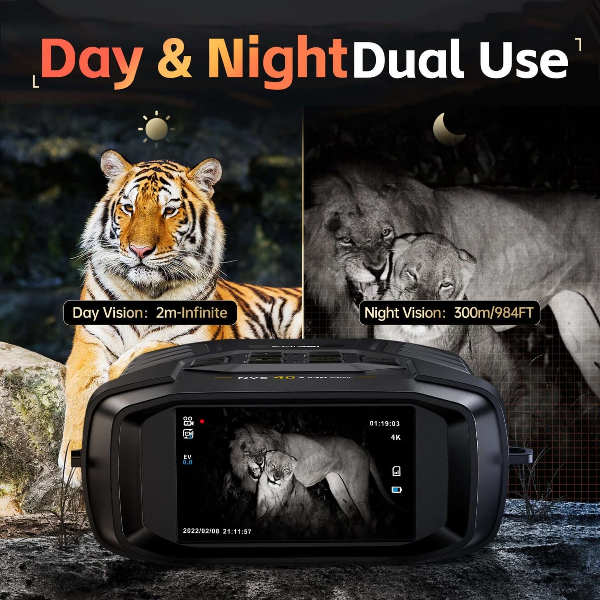 FNIRSI NVS-40 binoculars showcasing day and night vision features, capturing wildlife in low-light conditions.