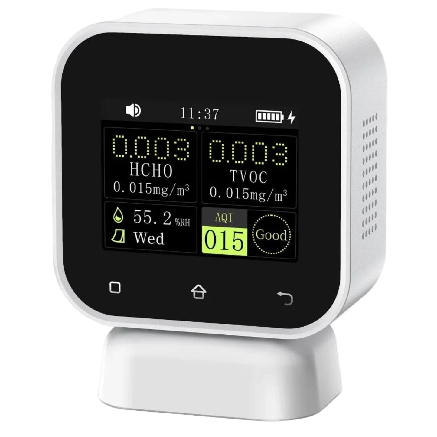 FNIRSI SFD-02 4合1空氣質素監測儀，顯示甲醛 HCHO、TVOC 及 AQI 指數，白色機身。