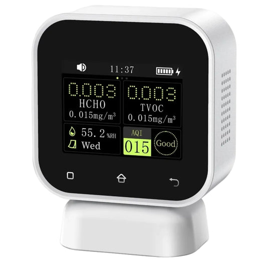 FNIRSI SFD-02 4合1空氣質素監測儀，顯示甲醛 HCHO、TVOC 及 AQI 指數，白色機身。