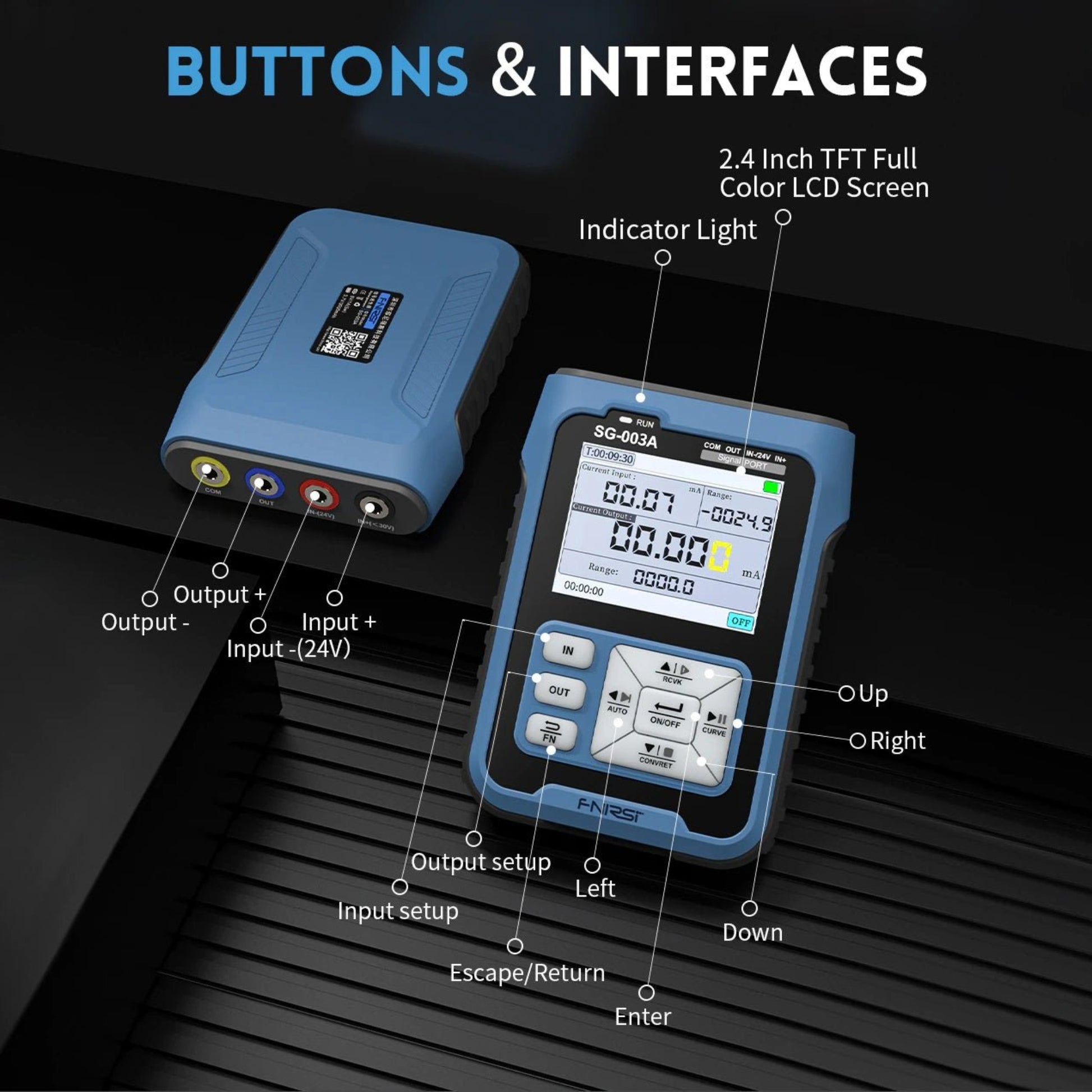 FNIRSI SG-003A signal generator showing buttons and interfaces with a 2.4 inch TFT LCD screen and labeled connections.