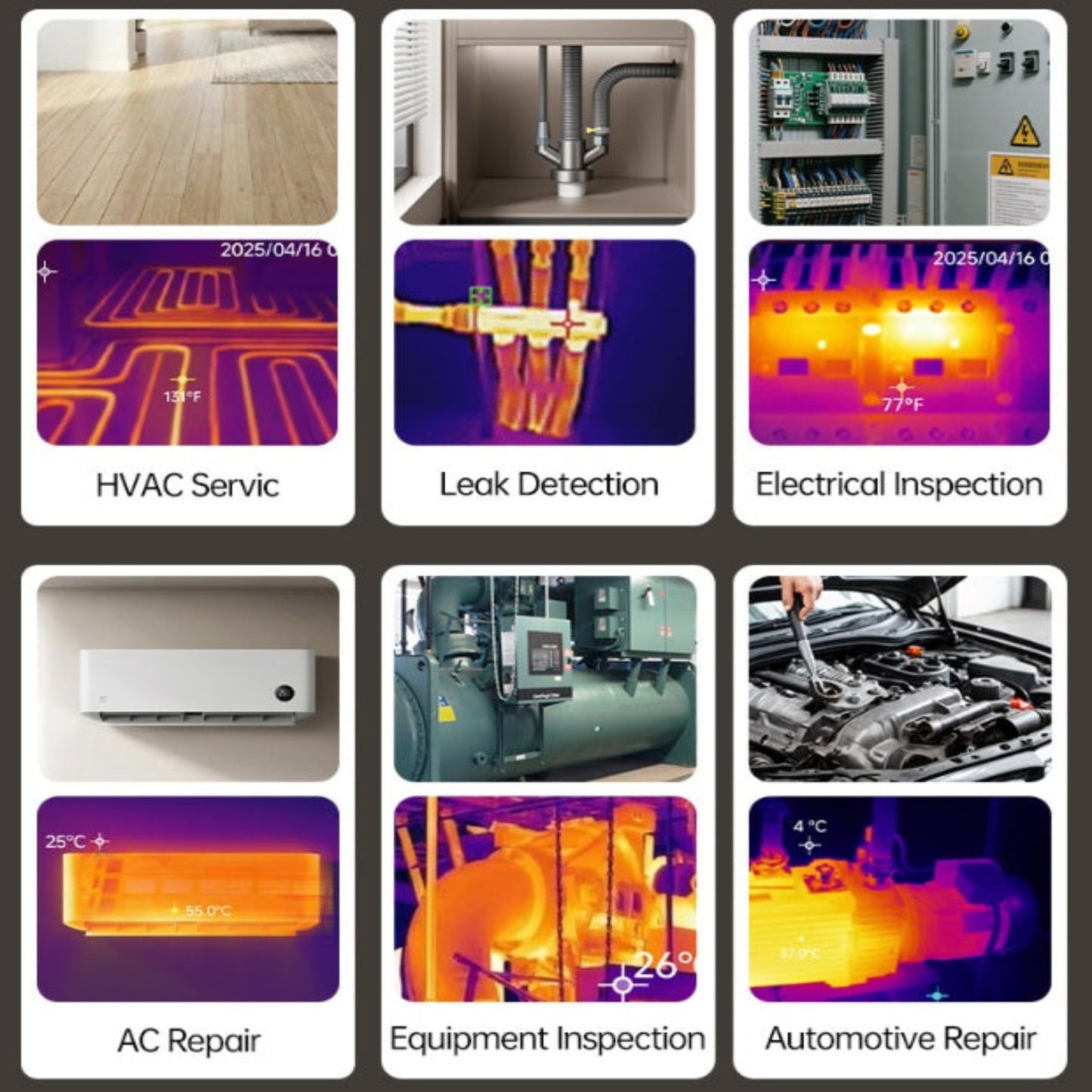 Versatile applications for the FNIRSI TDM-120P including HVAC maintenance, automotive repair, and industrial inspection.