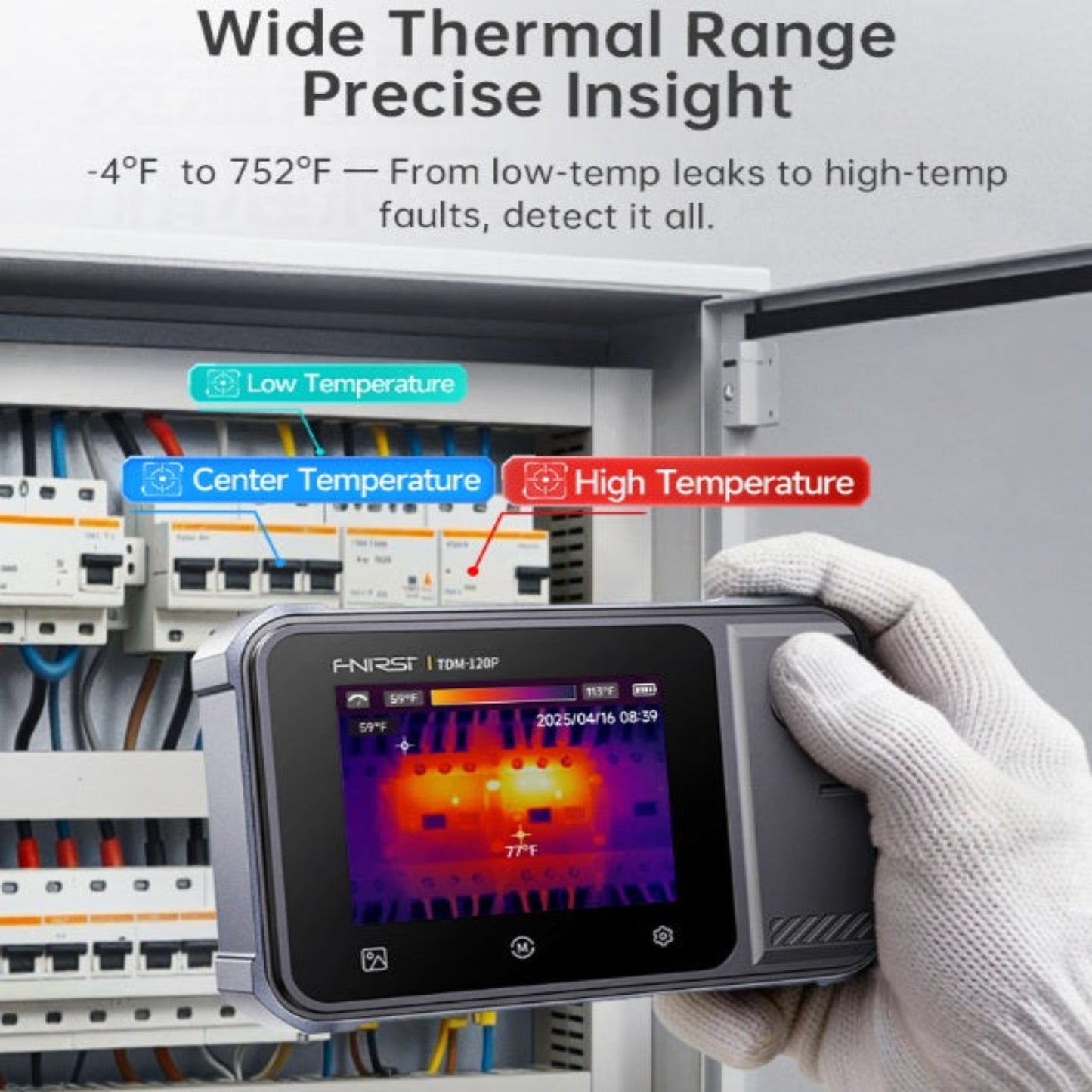 Electrician using the FNIRSI TDM-120P thermal camera to inspect an electrical distribution panel for hotspots.