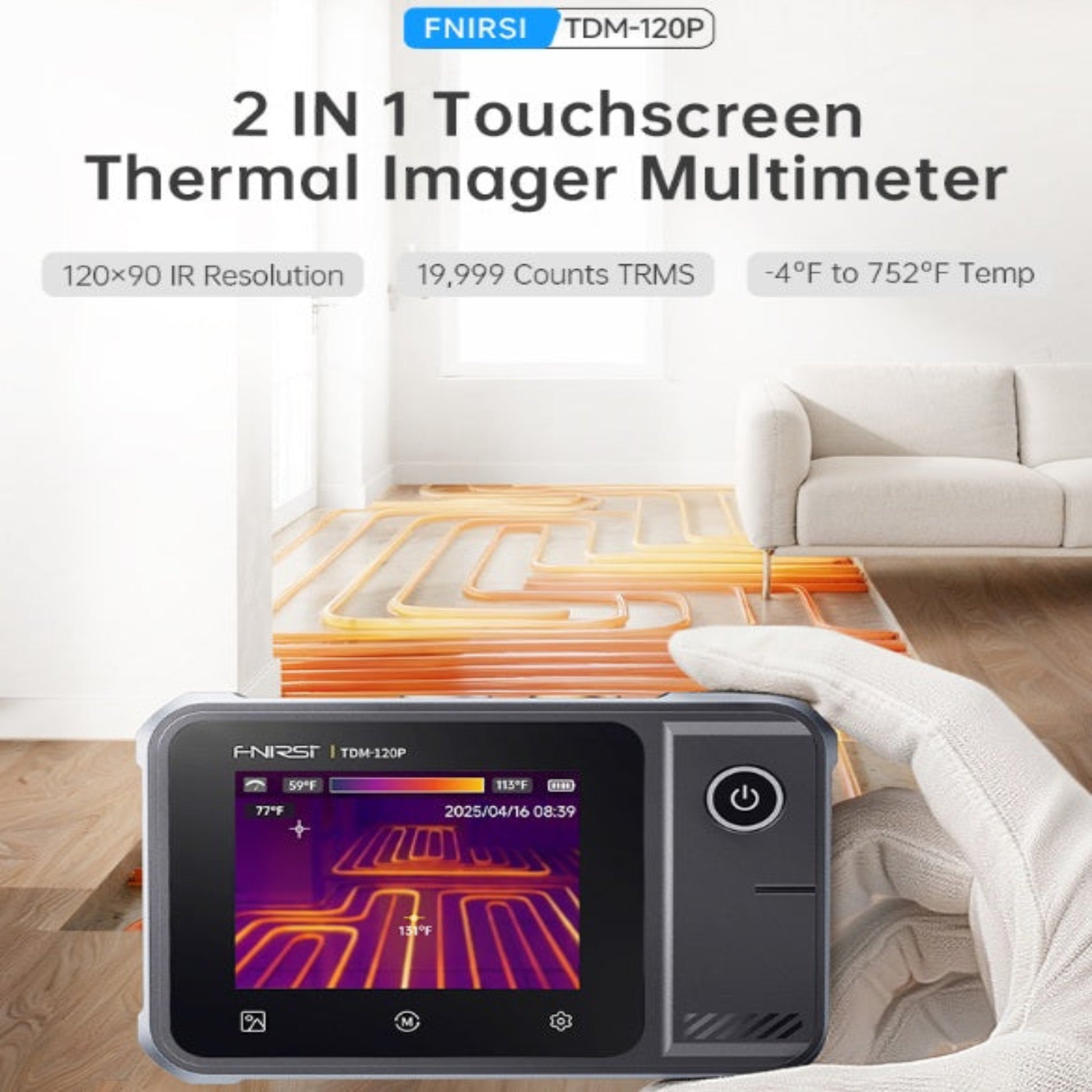 Key features of FNIRSI TDM-120P including 120x90 IR resolution, 7 palettes, and 19999 count multimeter functions.