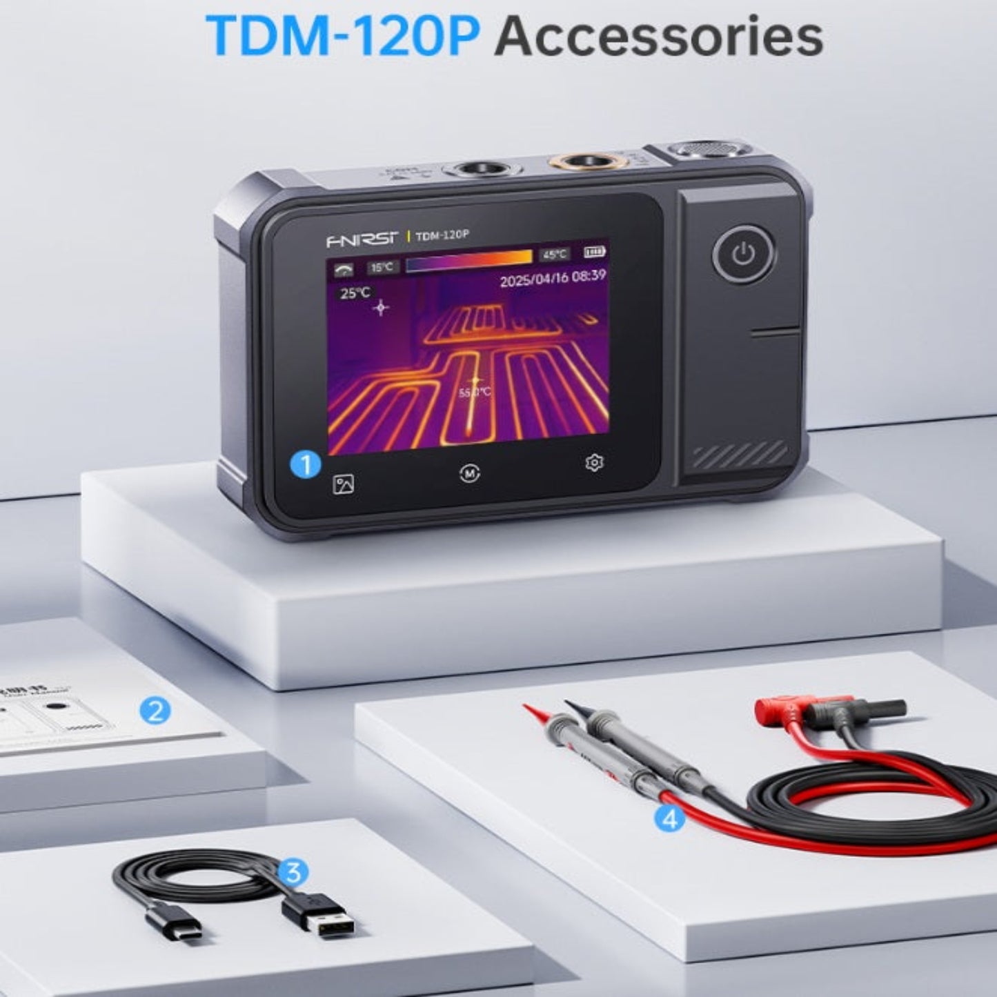 FNIRSI TDM-120P product package including thermal imager multimeter, test leads, USB-C cable, and user manual.