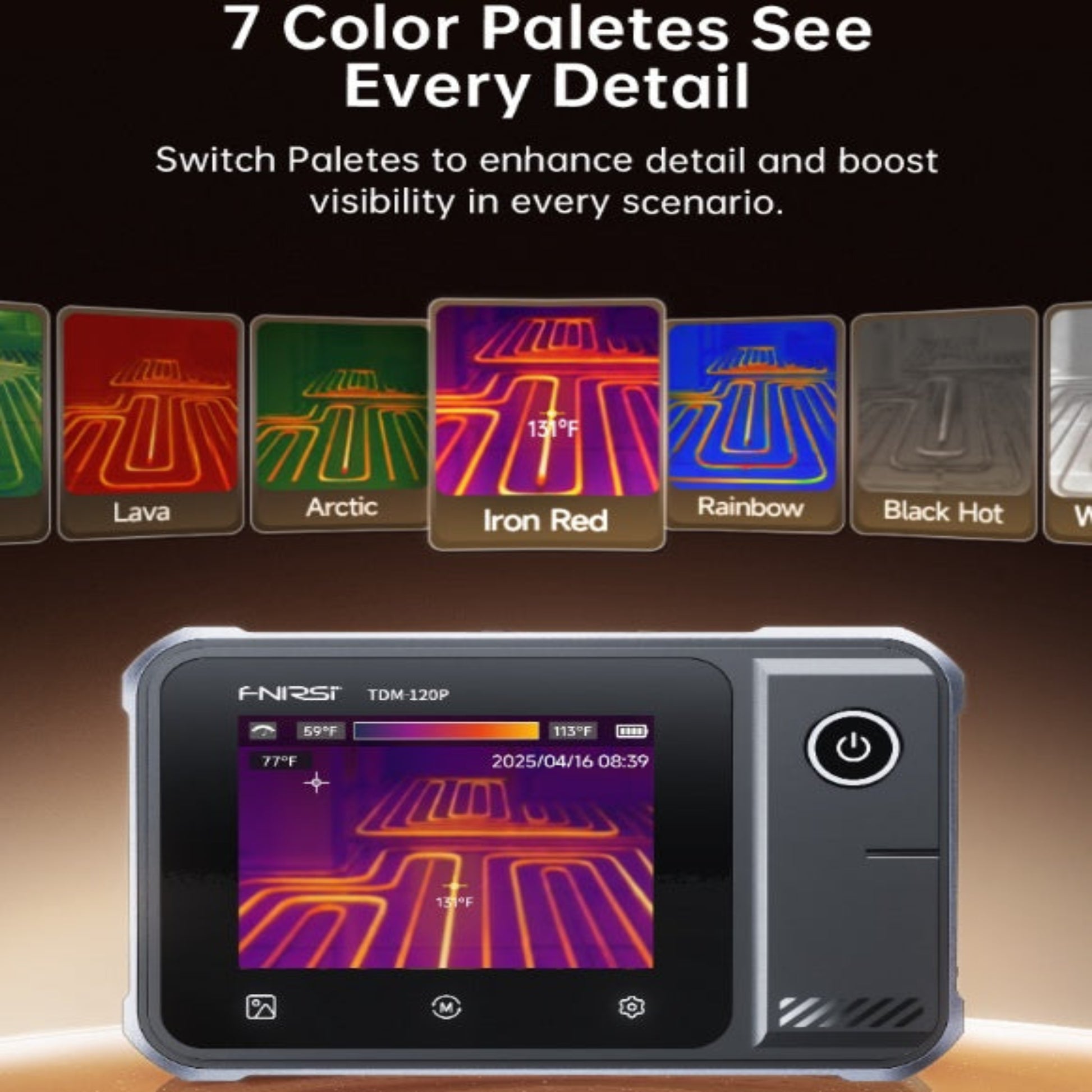 FNIRSI TDM-120P displaying 7 distinct thermal color palettes including Iron Red and Rainbow for clear imaging.