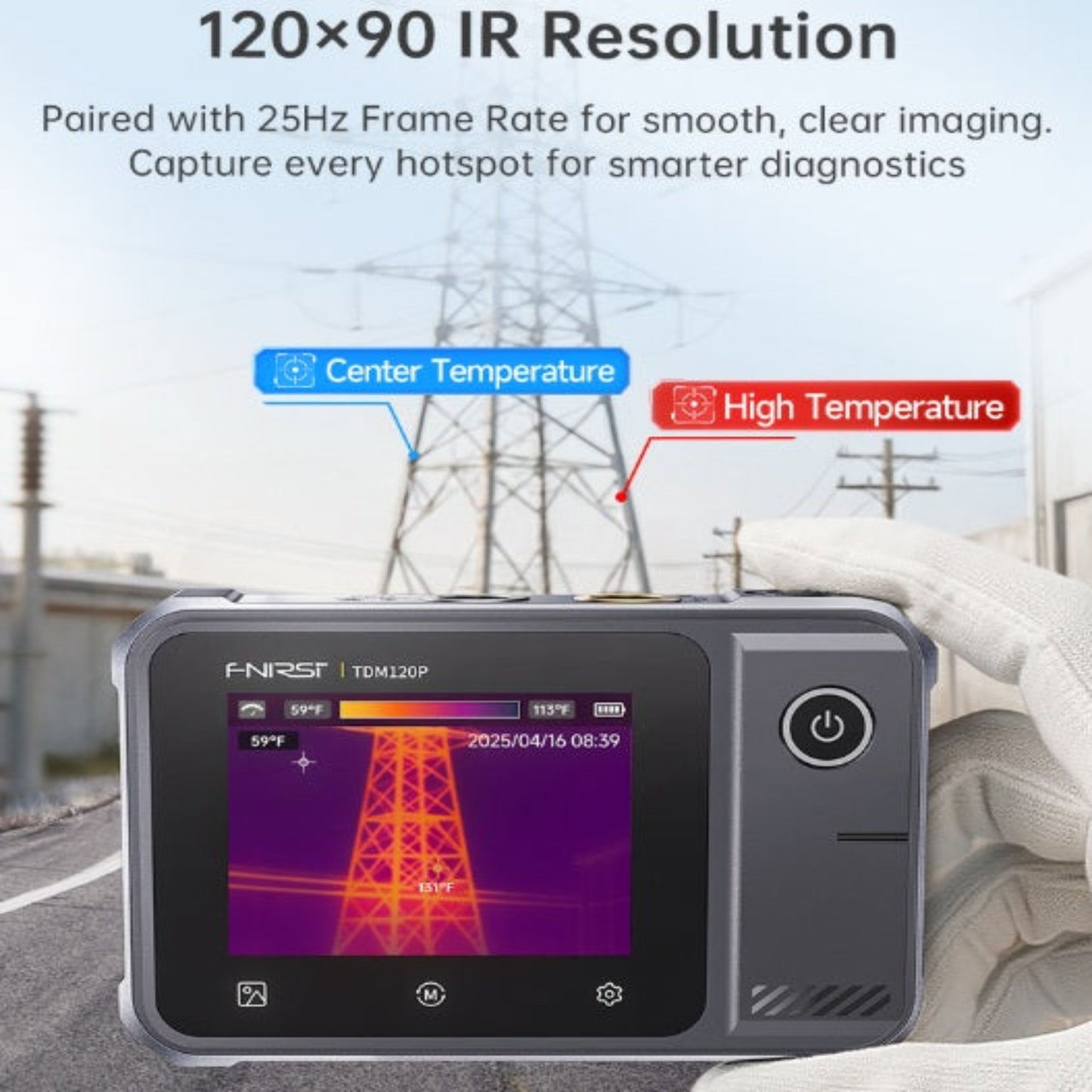 FNIRSI TDM-120P thermal imaging with automatic high and low temperature tracking and 120x90 infrared resolution.