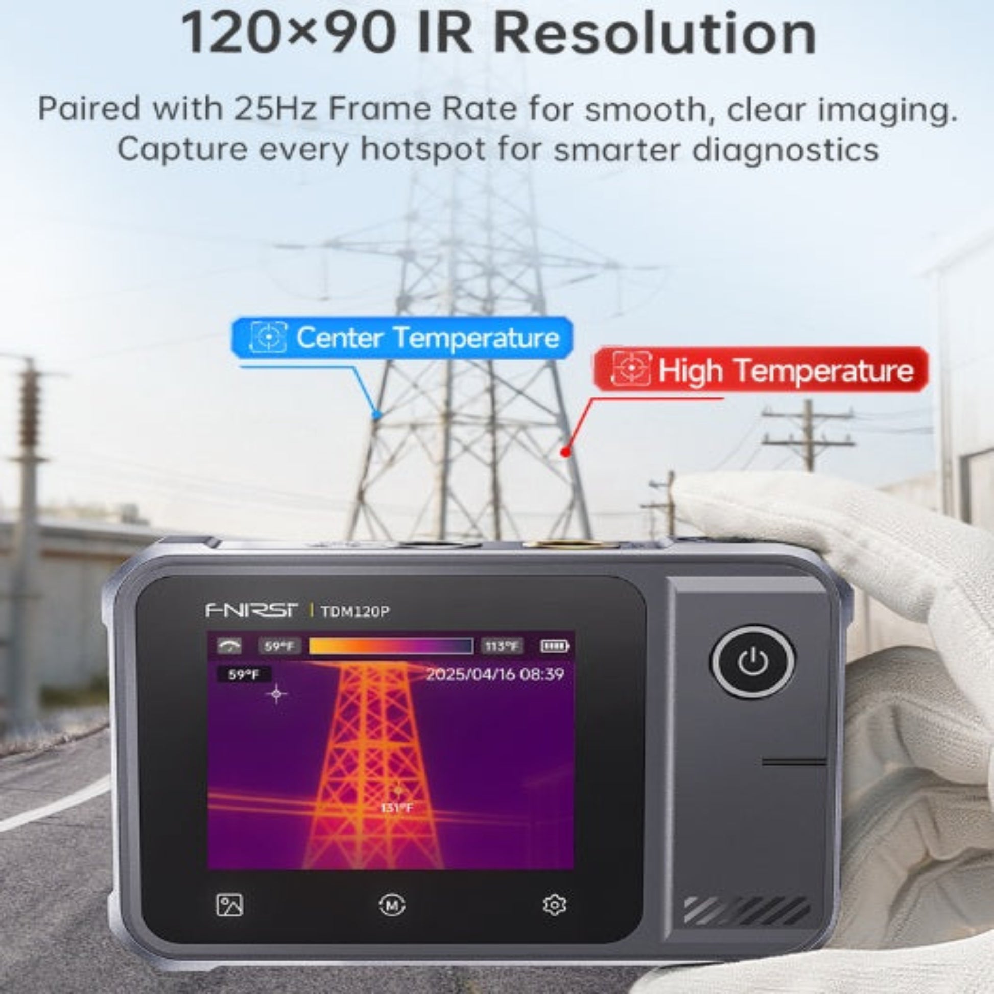 FNIRSI TDM-120P thermal imaging with automatic high and low temperature tracking and 120x90 infrared resolution.