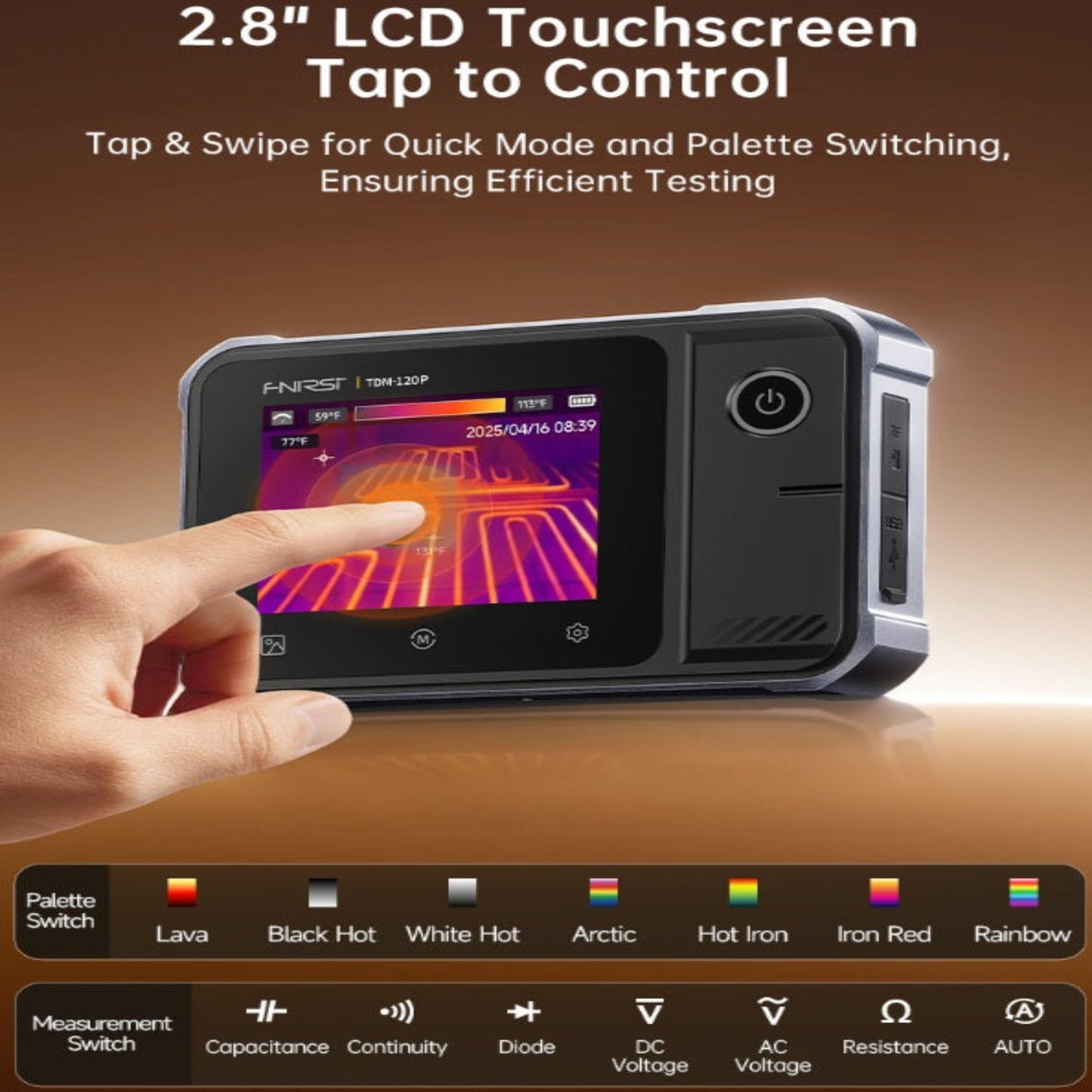 User navigating the intuitive 2.8-inch LCD touchscreen interface on the FNIRSI TDM-120P diagnostic tool.