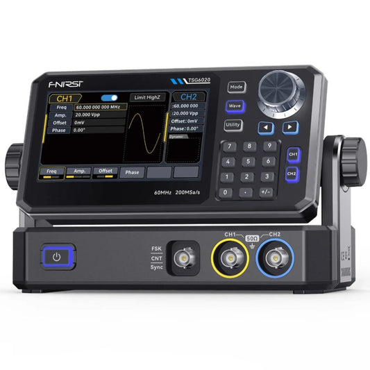 FNIRSI TSG6020 60MHz dual-channel signal generator front view showing TFT touchscreen.