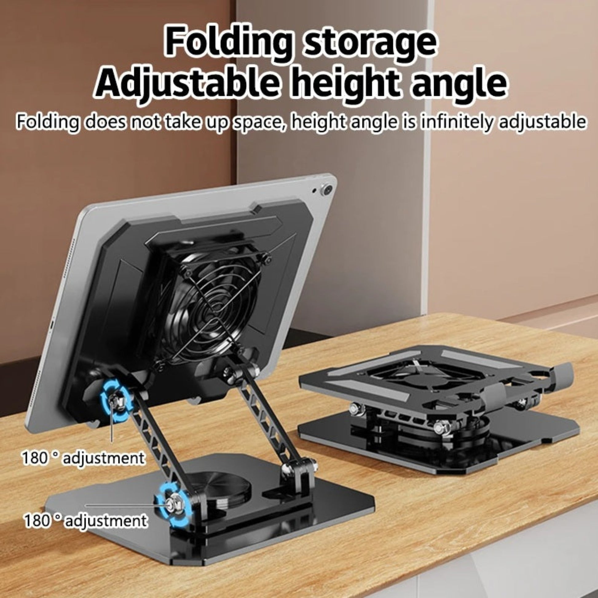 Comparison of folded vs unfolded tablet stand showing height adjustability.