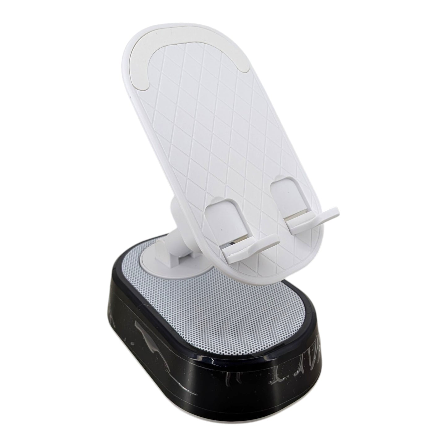 Black foldable phone stand with built-in Bluetooth speaker and glowing RGB ambient light base holding a smartphone.