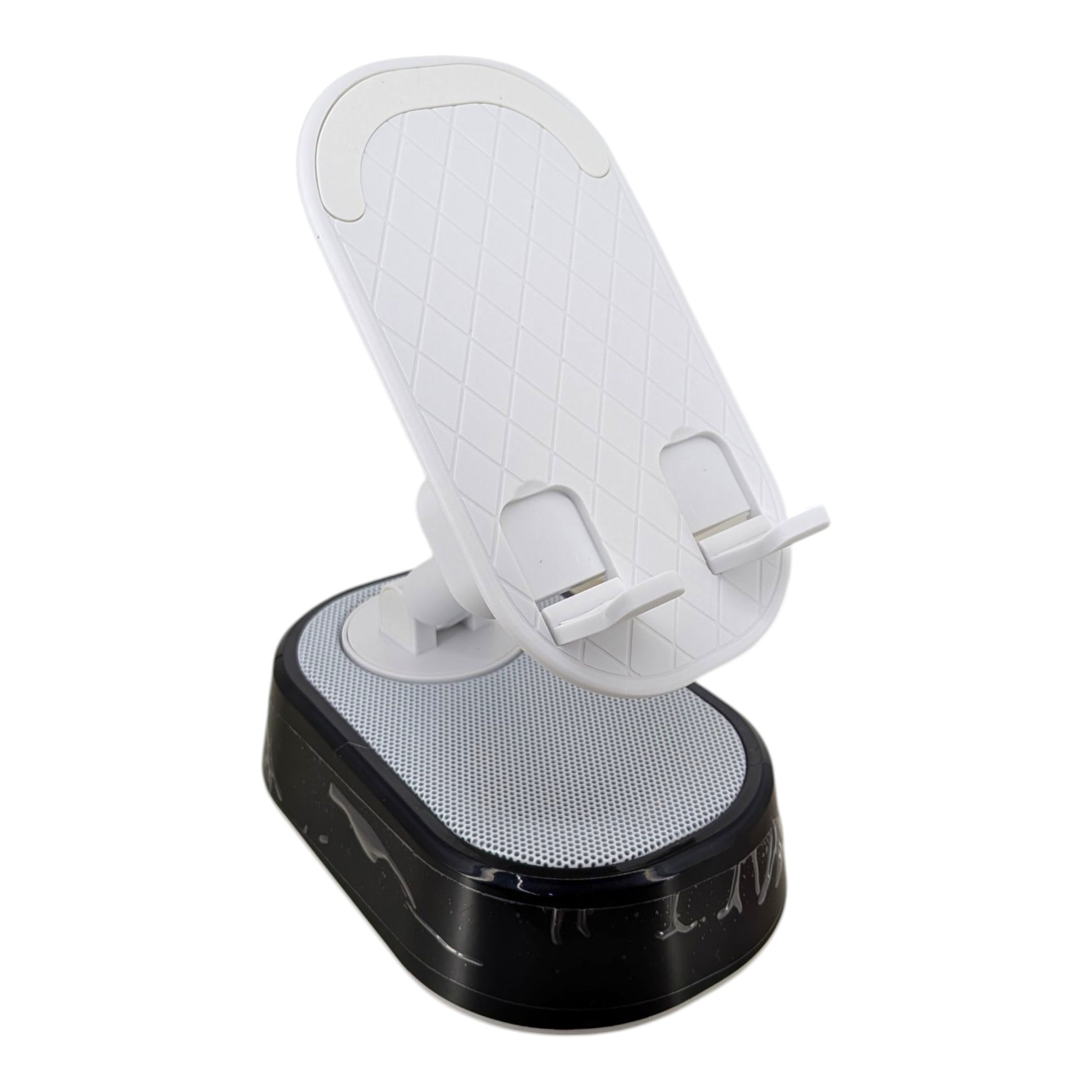 Black foldable phone stand with built-in Bluetooth speaker and glowing RGB ambient light base holding a smartphone.