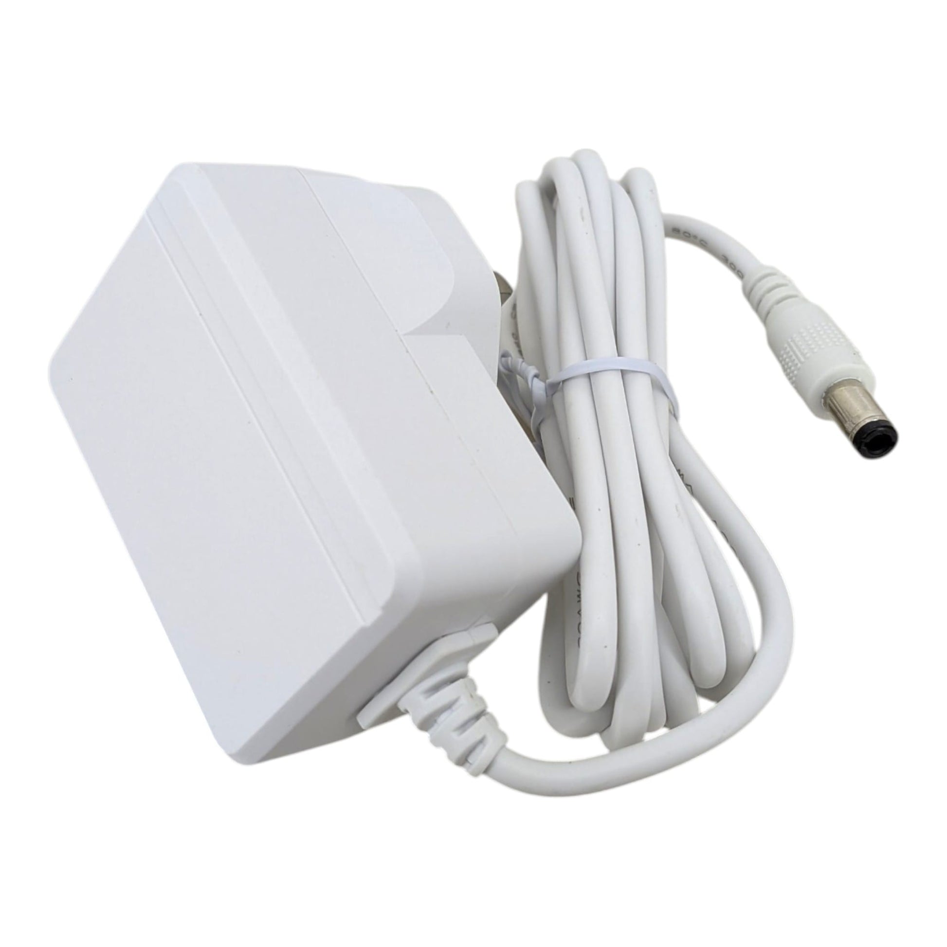 White plastic power adapter with a coiled cable and a barrel-style connector, shown on a plain white background.