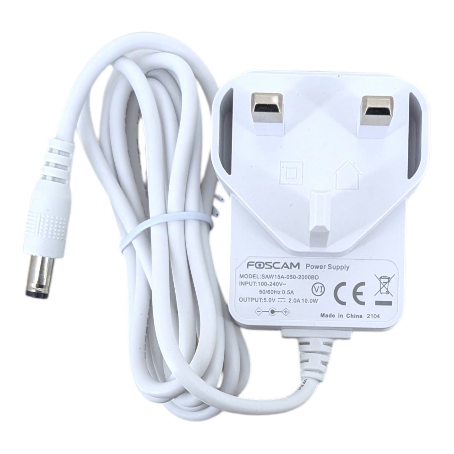 Foscam 5V 2A 火牛電源適配器頂部視圖，展示標準英規三腳插頭及 5.5x2.5mm DC 供電接頭，適合香港家居使用。