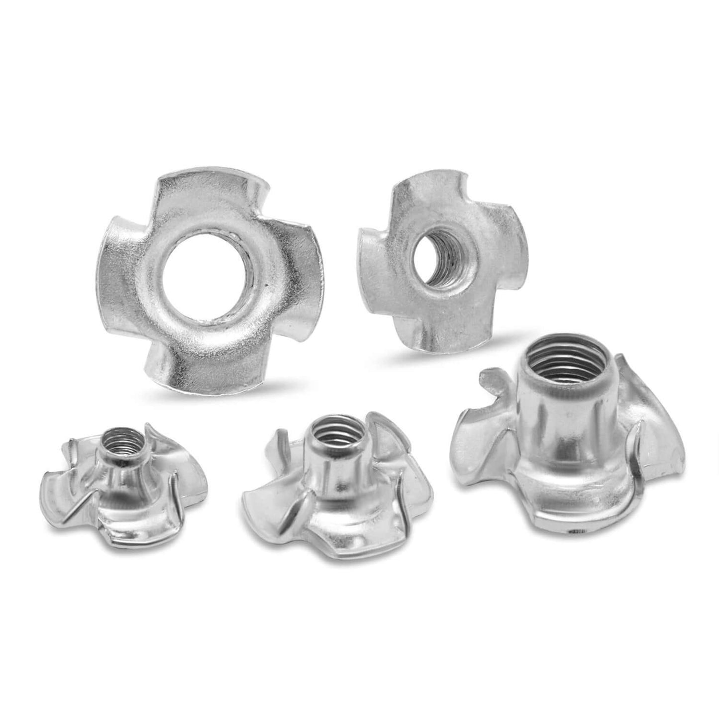 Close-up detail of M8 four-pronged T-nut and blind inserts, showing the zinc-plated finish and claw design.