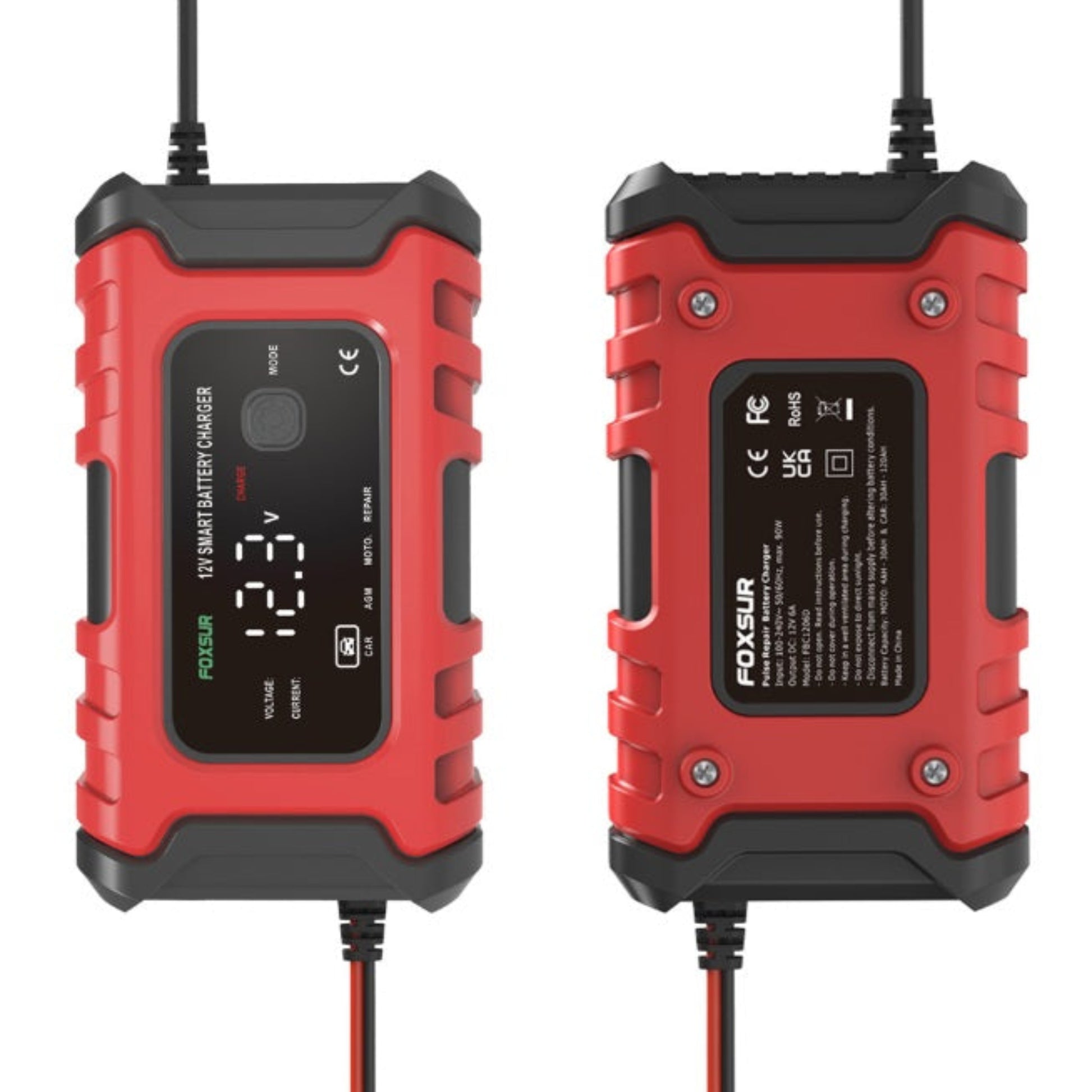 FOXSUR 12V 6A Smart Battery Charger for cars and motorcycles, showcasing its durable design and digital display.