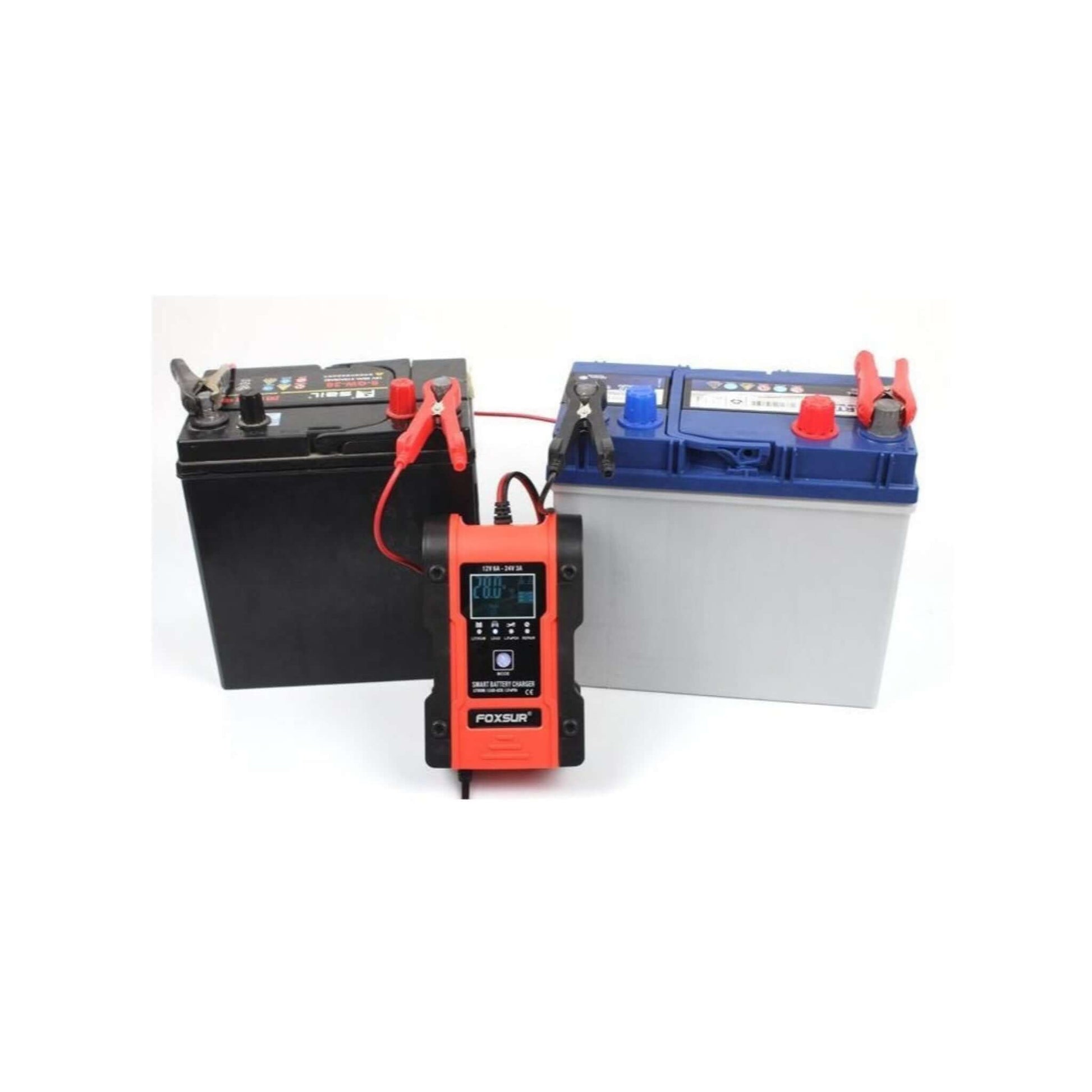 Foxsur 12V/24V Smart Battery Charger connected to two car batteries, demonstrating multi-battery charging.