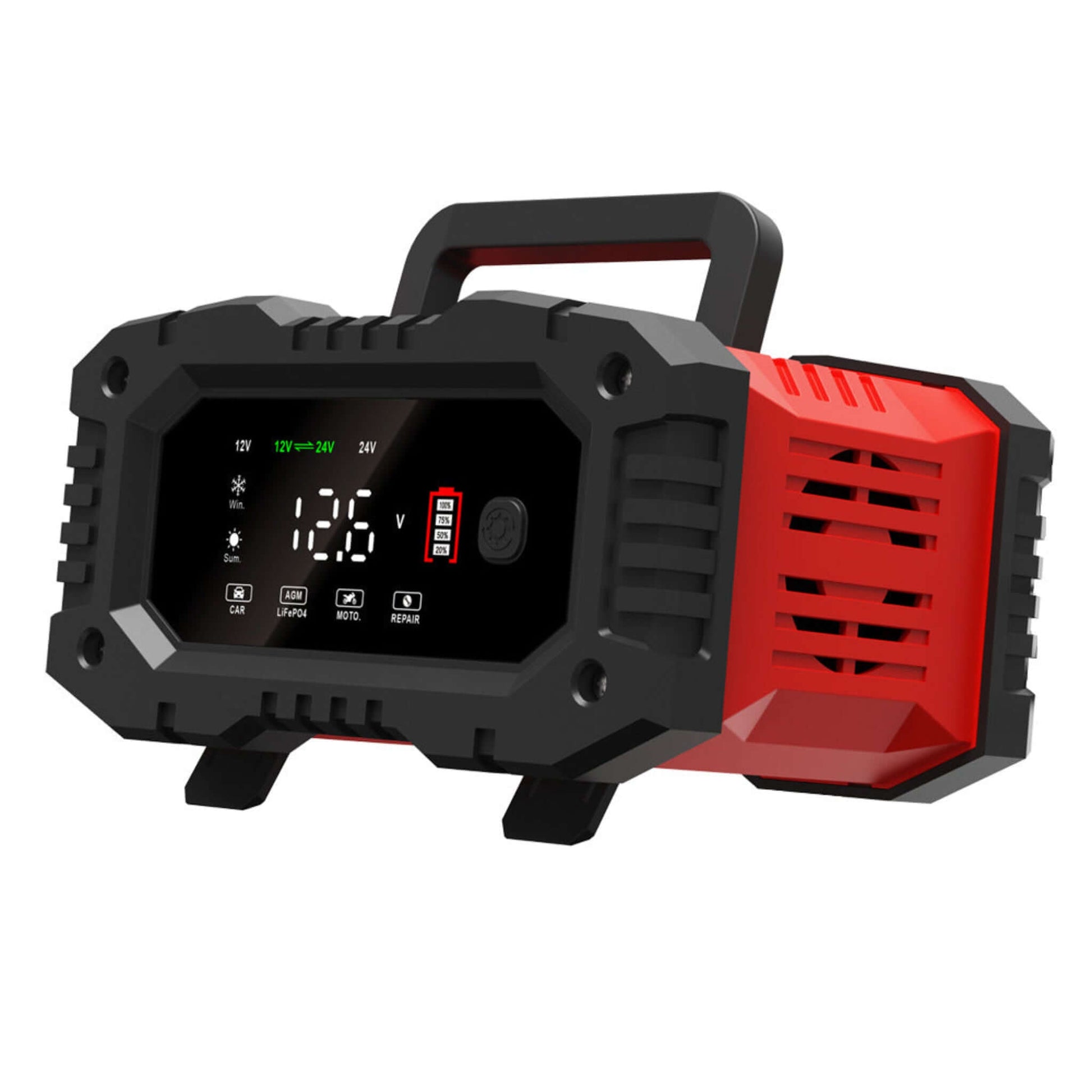 FOXSUR 12V 24V 智能汽車電池充電器，配備特大數碼螢幕及香港適用英規三腳插頭。