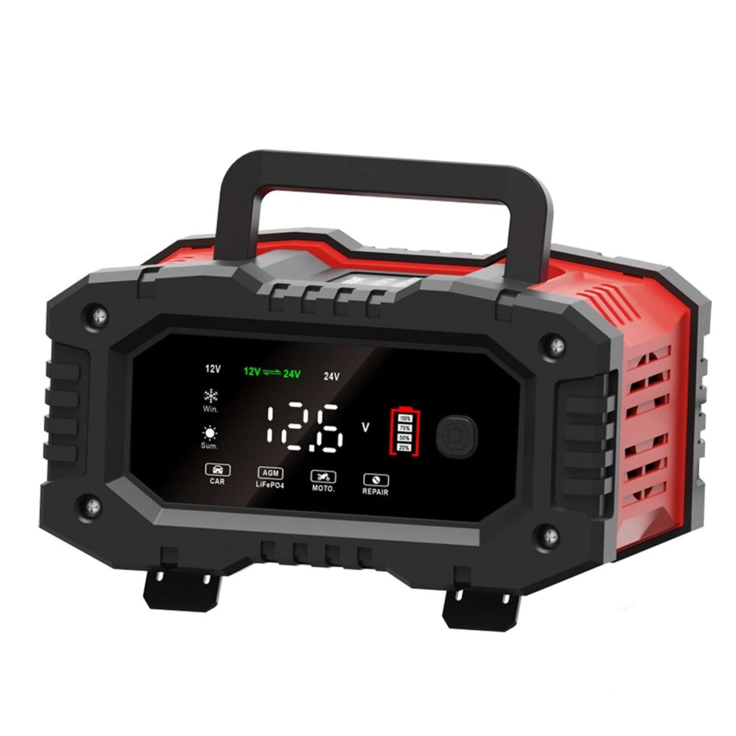 FOXSUR 12V 24V smart car battery charger with digital display and UK plug.