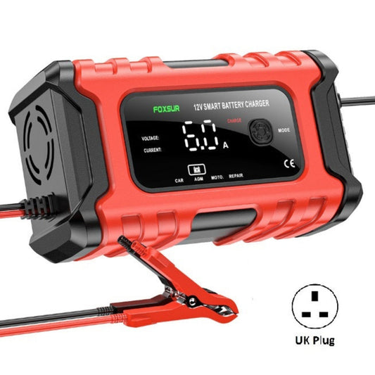 FOXSUR 12V 6A Smart Battery Charger with UK Plug, featuring LED display and clamps for car and motorcycle.