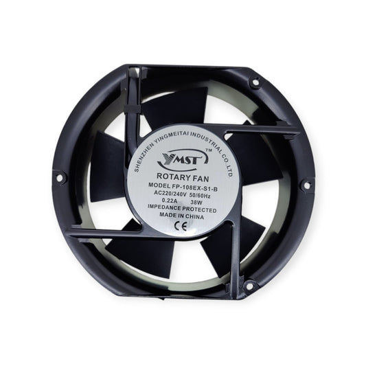 FP-108EX-S1-B Industrial AC Axial Fan (17cm, 220V/38W) showing model and electrical specifications.