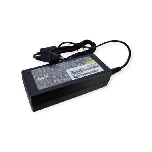 Full view of the genuine Fujitsu 65W laptop AC adapter with its attached output cable on a white background.