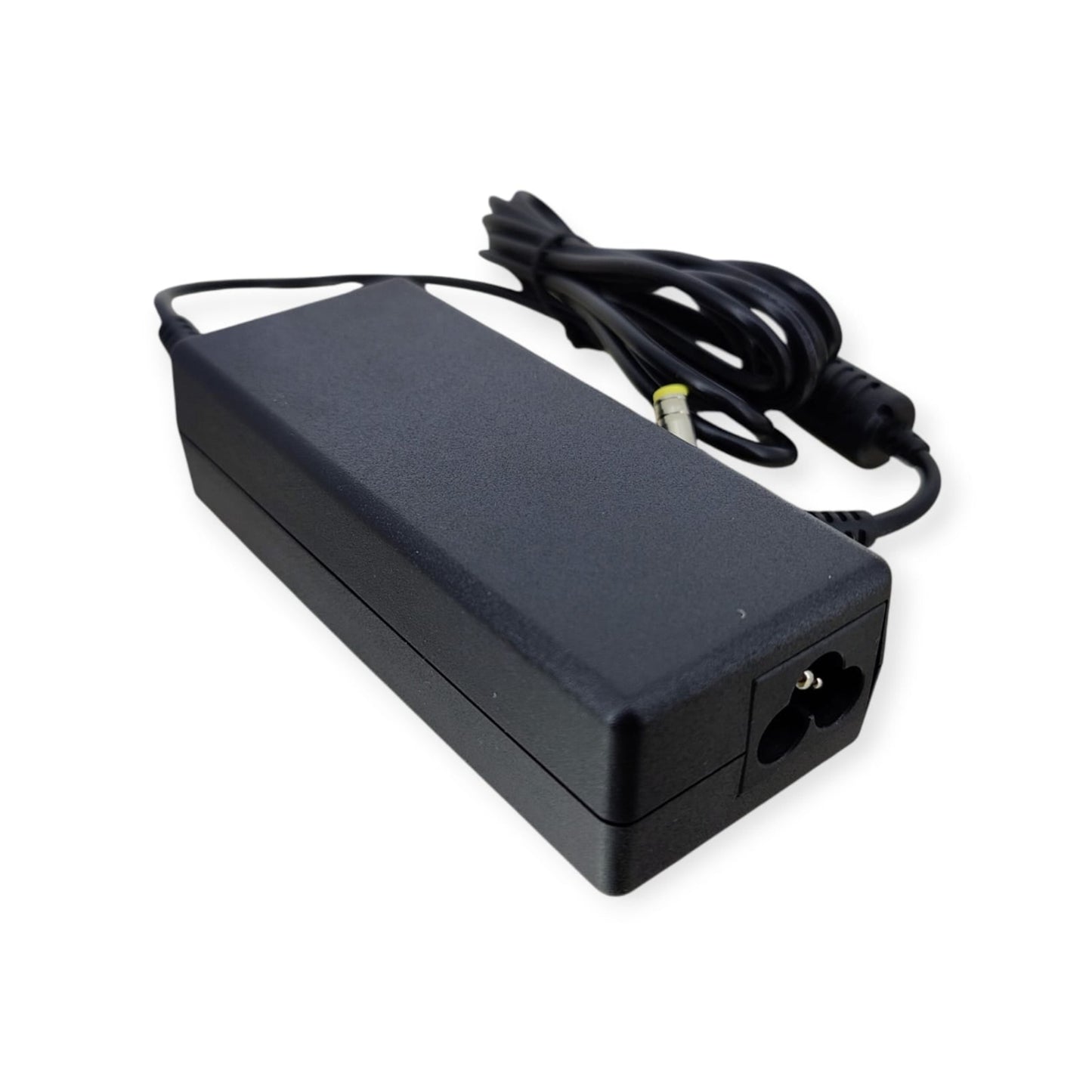 Back view of the Fujitsu 65W adapter brick showing the C5 'Mickey Mouse' power input port.