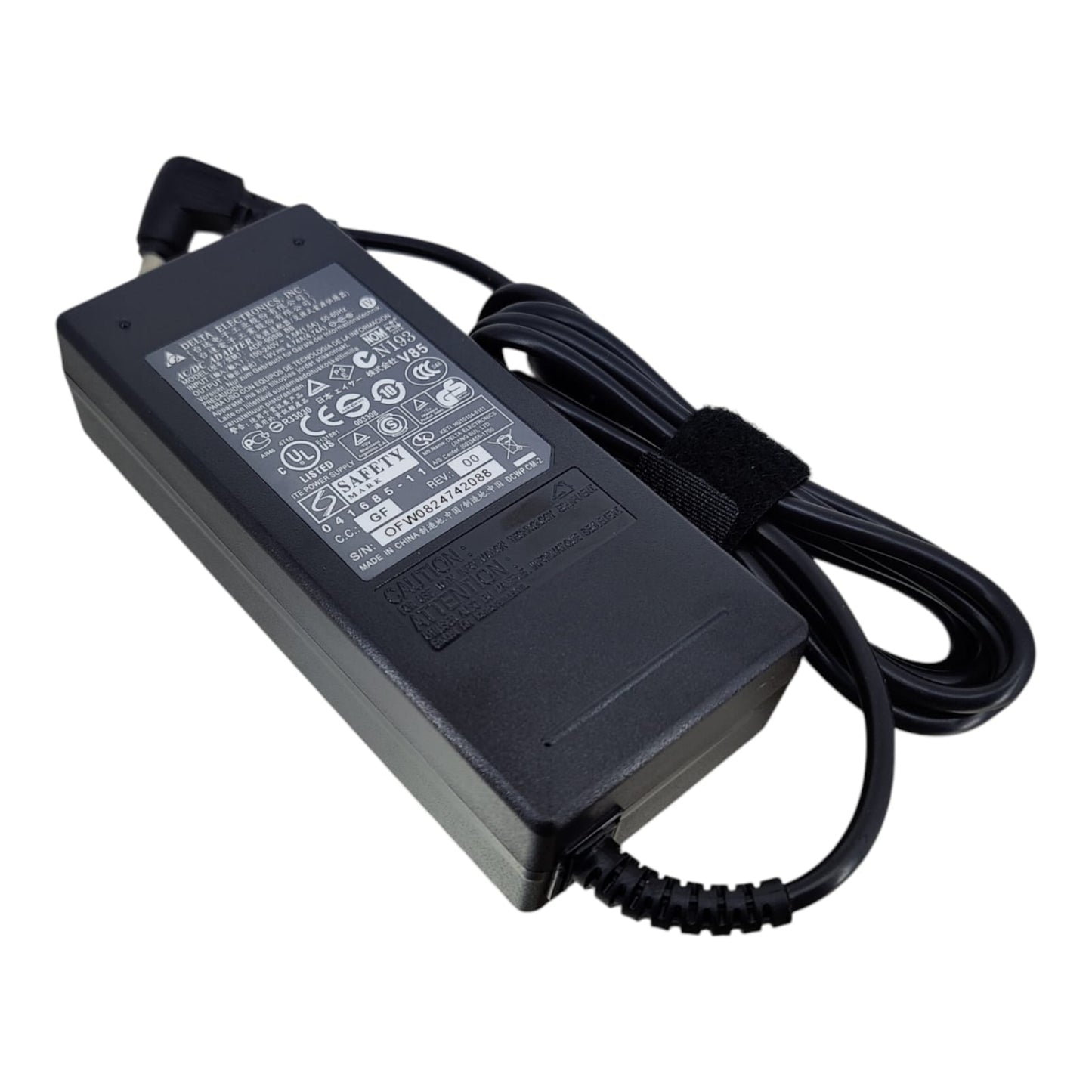 Side view of 90W replacement AC adapter for Fujitsu laptops showing durable casing.