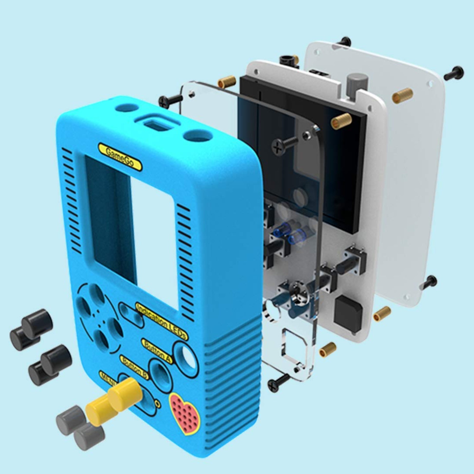 Exploded 3D structural view showing the internal PCB, buttons, screen, and blue shell of the GameGo console.